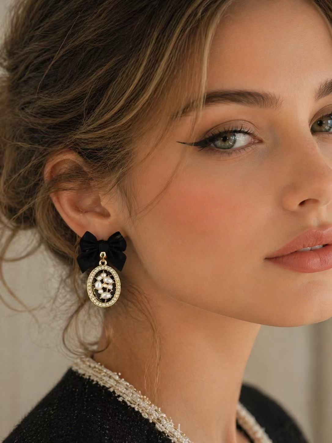 Black Velvet Bow Pearl Drop Earrings
