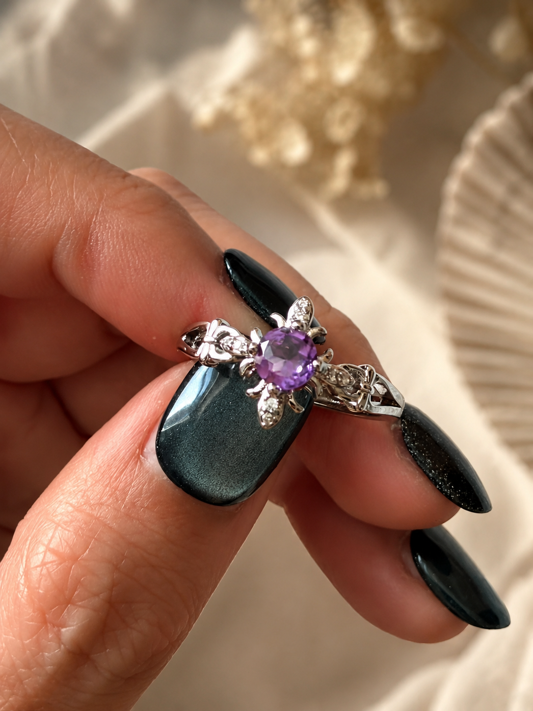 Purple Amethyst Floral Copper Ring
