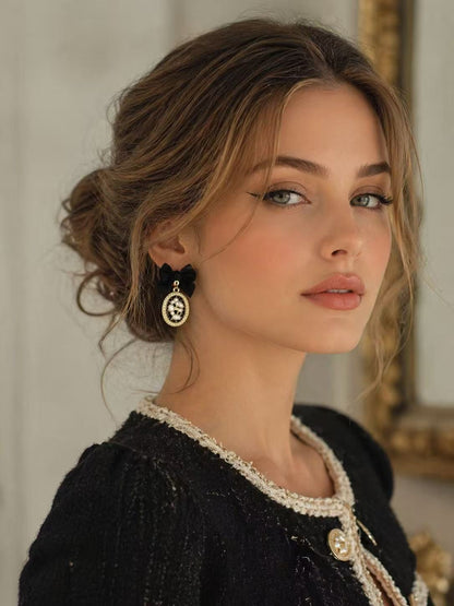Black Velvet Bow Pearl Drop Earrings