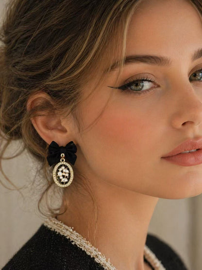 Black Velvet Bow Pearl Drop Earrings