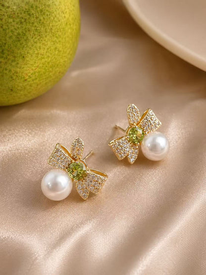 Green Crystal Bow Pearl Earrings