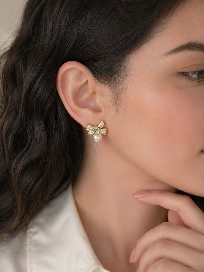 Green Crystal Bow Pearl Earrings