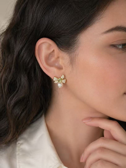 Green Crystal Bow Pearl Earrings