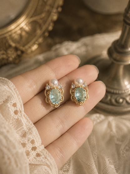 Aqua Crystal Pearl Stud Earrings