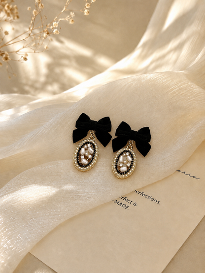 Black Velvet Bow Pearl Drop Earrings