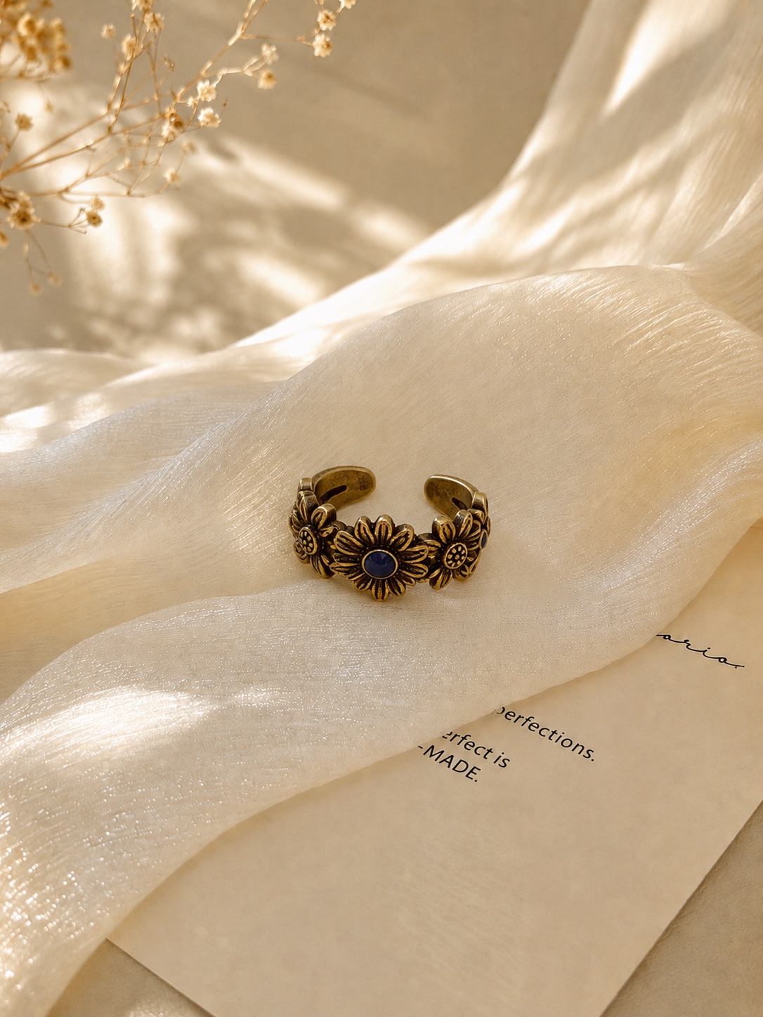 Vintage Floral Gold Ring with Blue Stone Adjustable Ring
