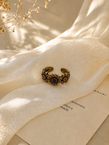 Vintage Floral Gold Ring with Blue Stone Adjustable Ring