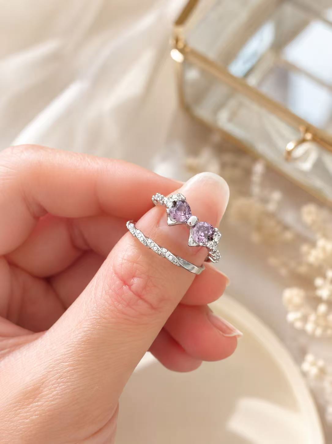 Lavender Bow & Sparkle Stacking Ring Set