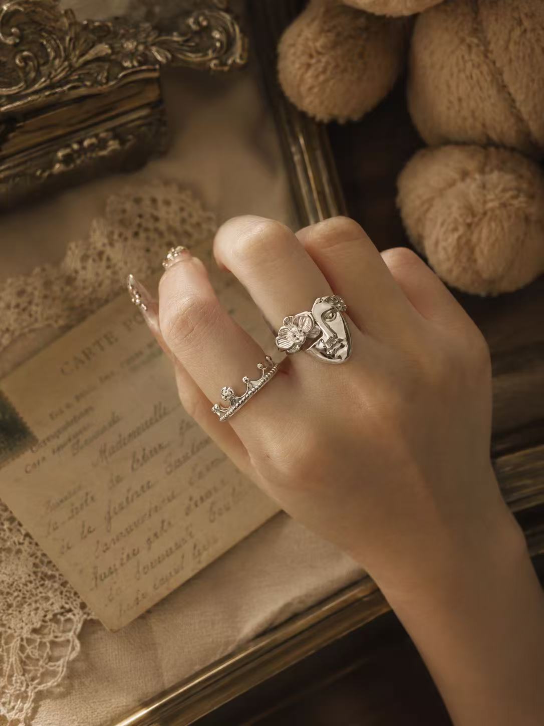 Vintage Crown & Abstract Face Ring Set