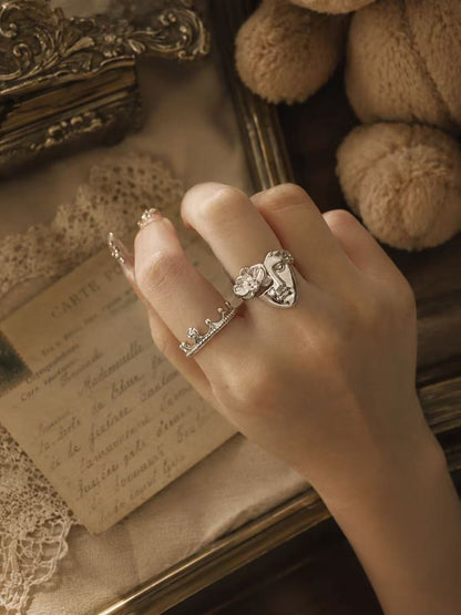 Vintage Crown & Abstract Face Ring Set