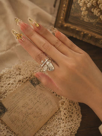 Vintage Crown & Abstract Face Ring Set