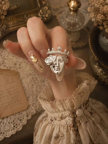 Vintage Crown & Abstract Face Ring Set