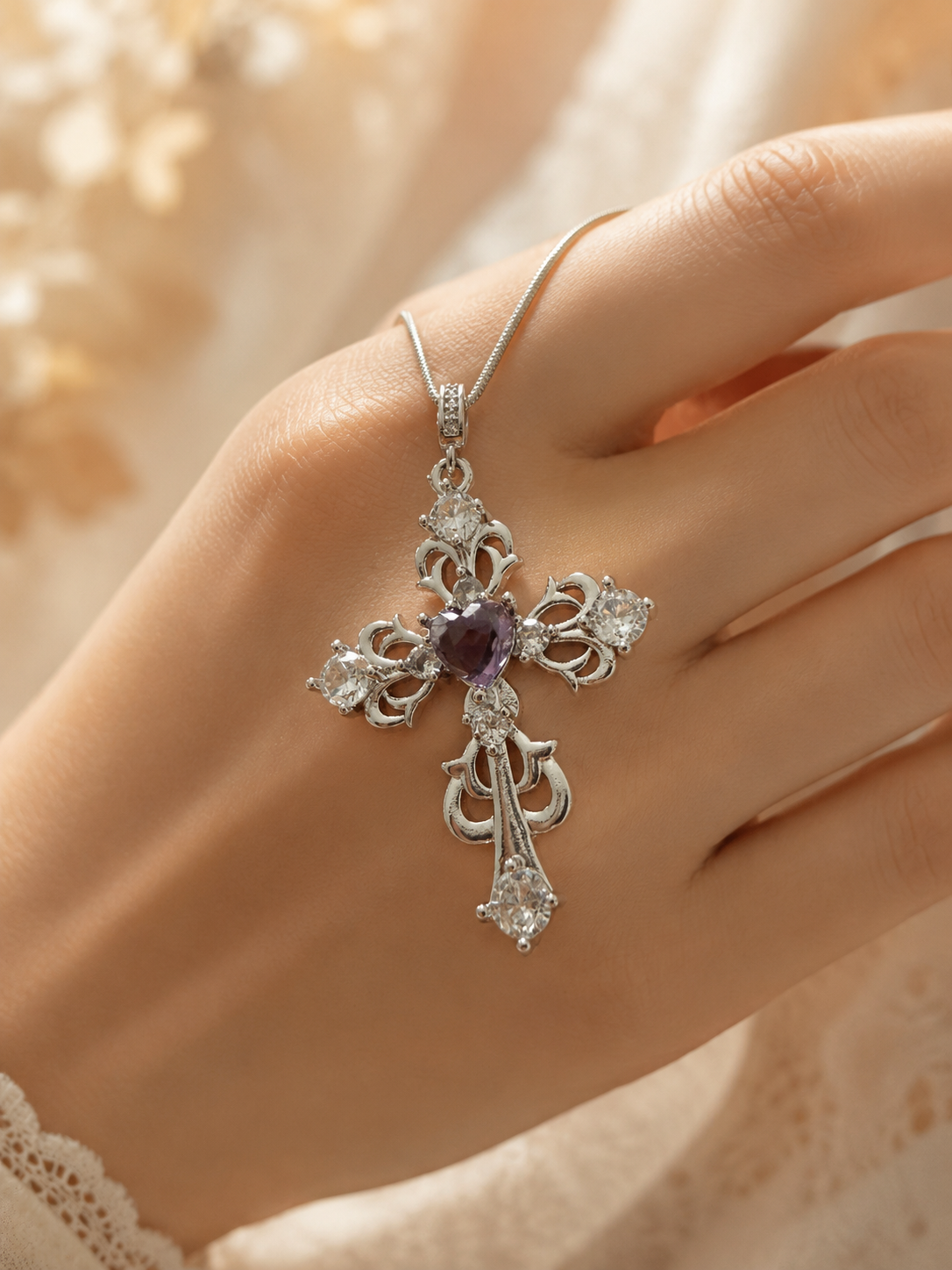 Vintage Amethyst Heart Cross Pendant Necklace