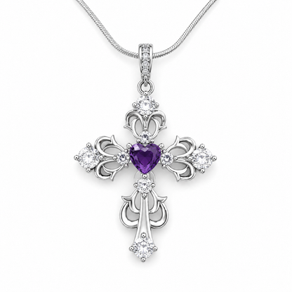 Vintage Amethyst Heart Cross Pendant Necklace