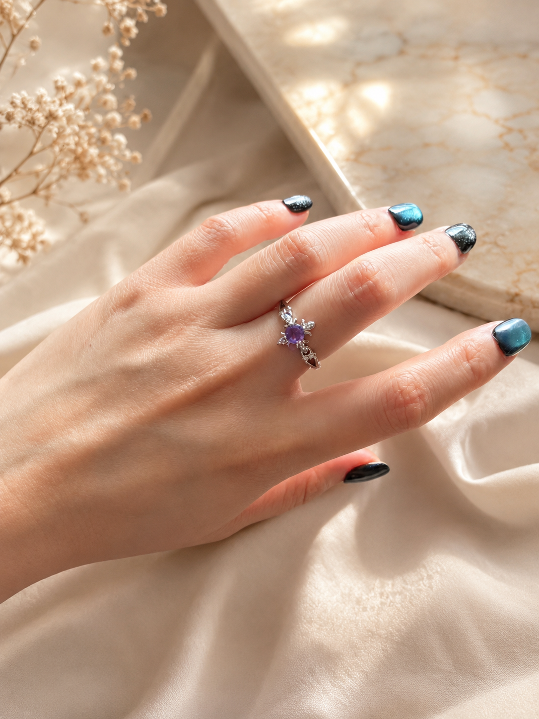 Purple Amethyst Floral Copper Ring