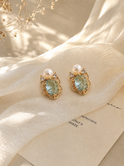 Aqua Crystal Pearl Stud Earrings