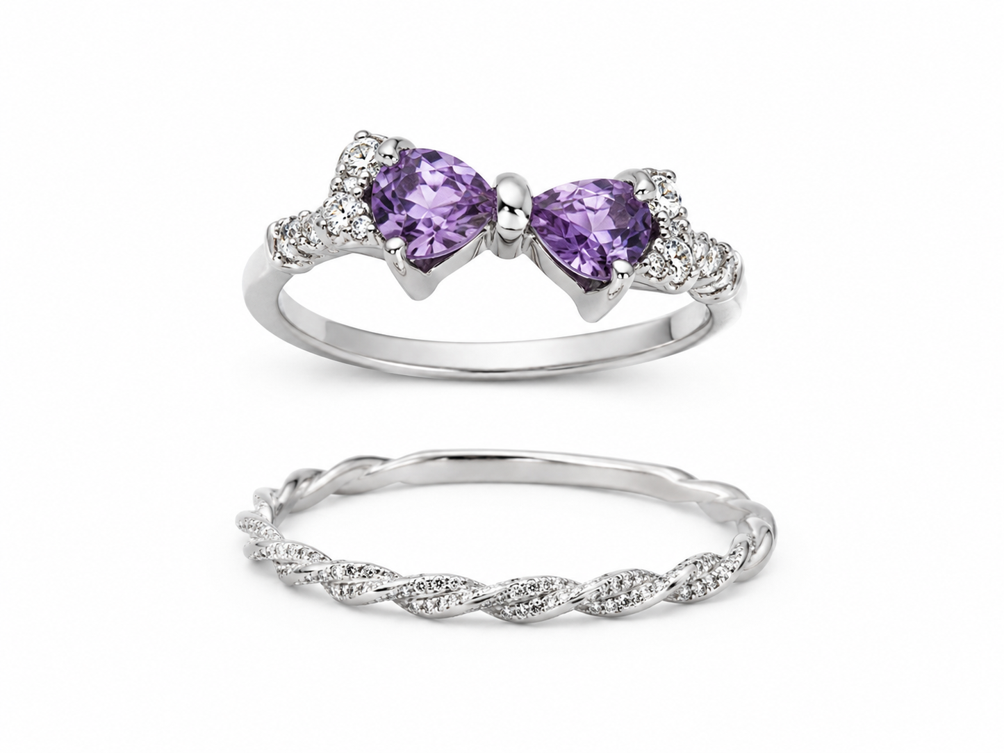 Lavender Bow & Sparkle Stacking Ring Set