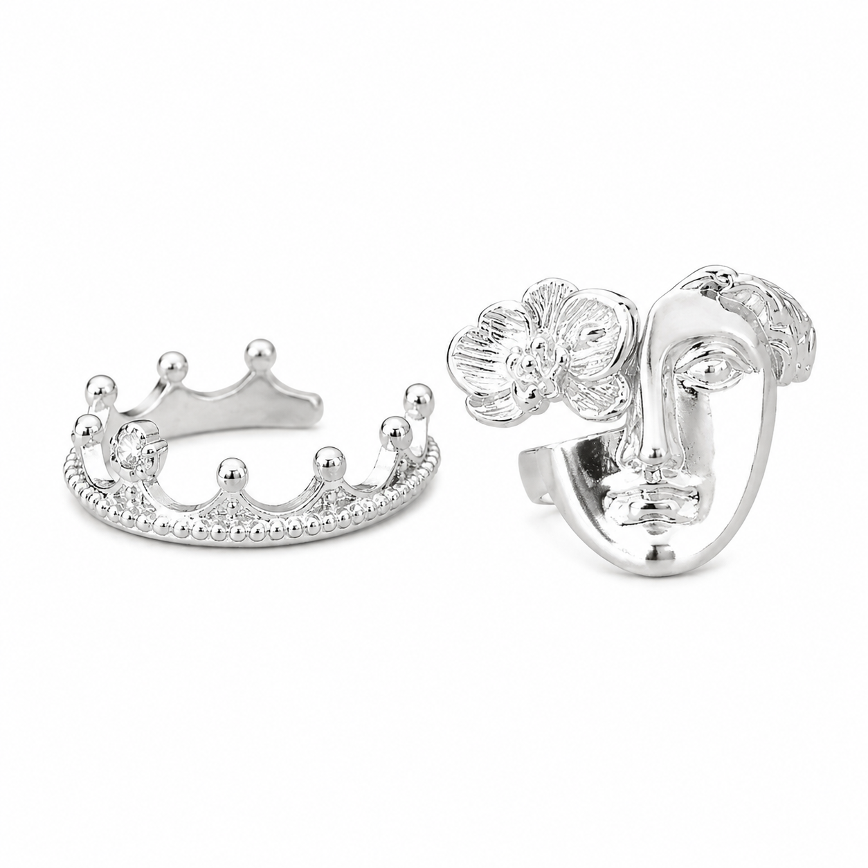 Vintage Crown & Abstract Face Ring Set