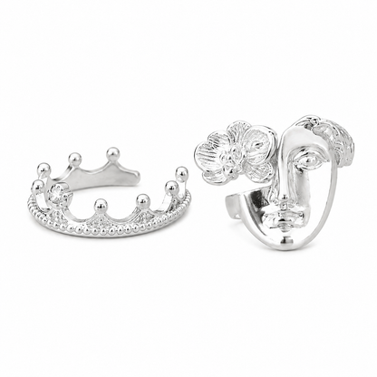 Vintage Crown & Abstract Face Ring Set