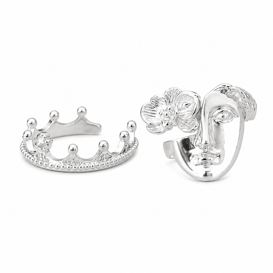 Vintage Crown & Abstract Face Ring Set