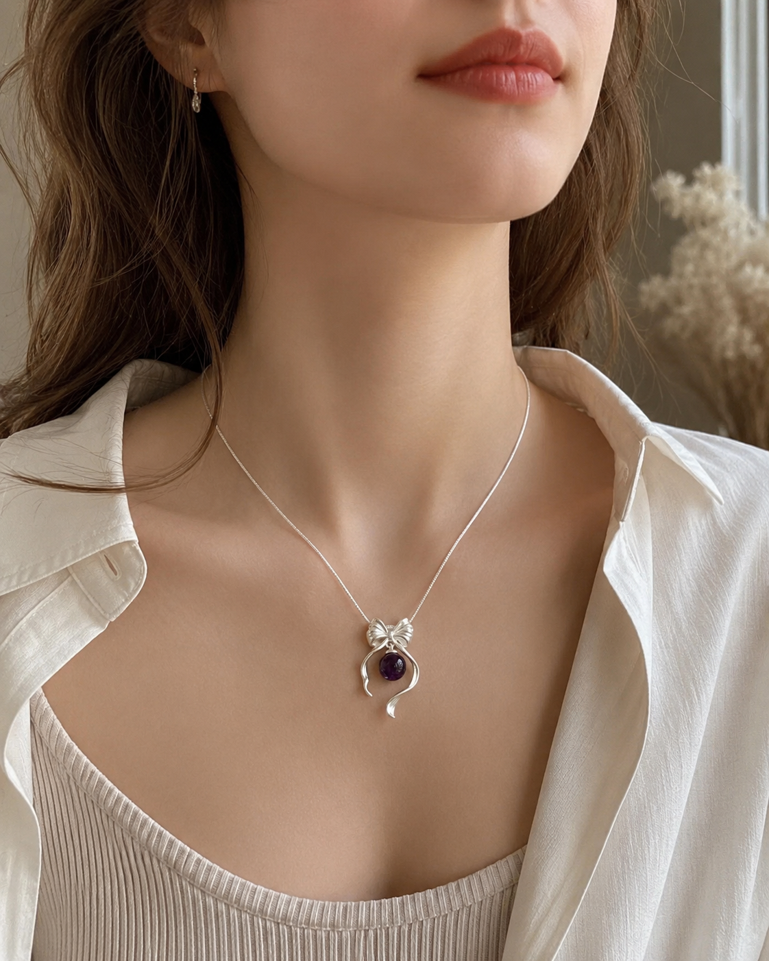Amethyst Bow Pendant Necklace