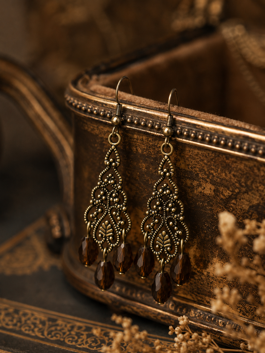 Vintage Amber-Tone Chandelier Drop Earrings