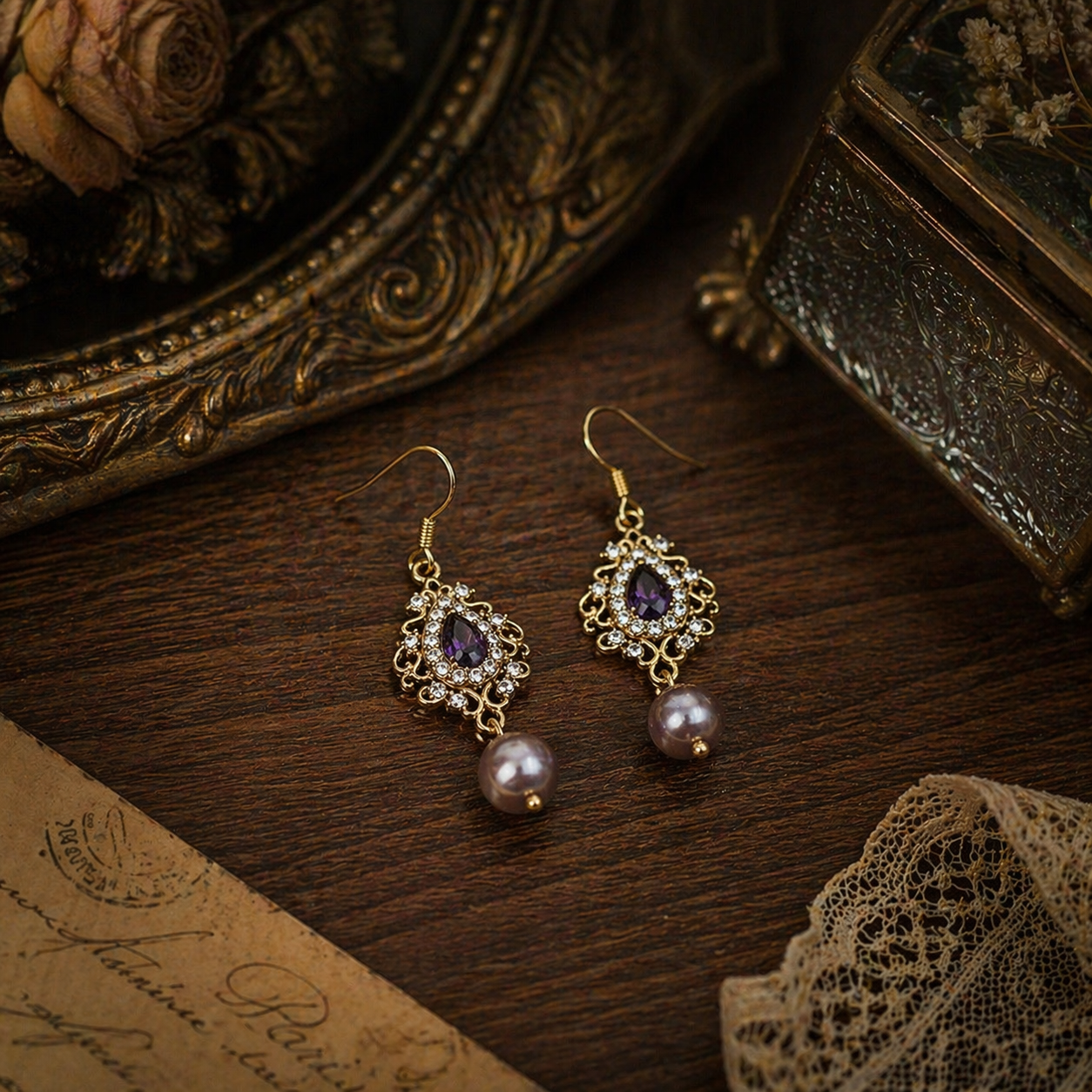 Vintage Purple Pearl Drop Earrings
