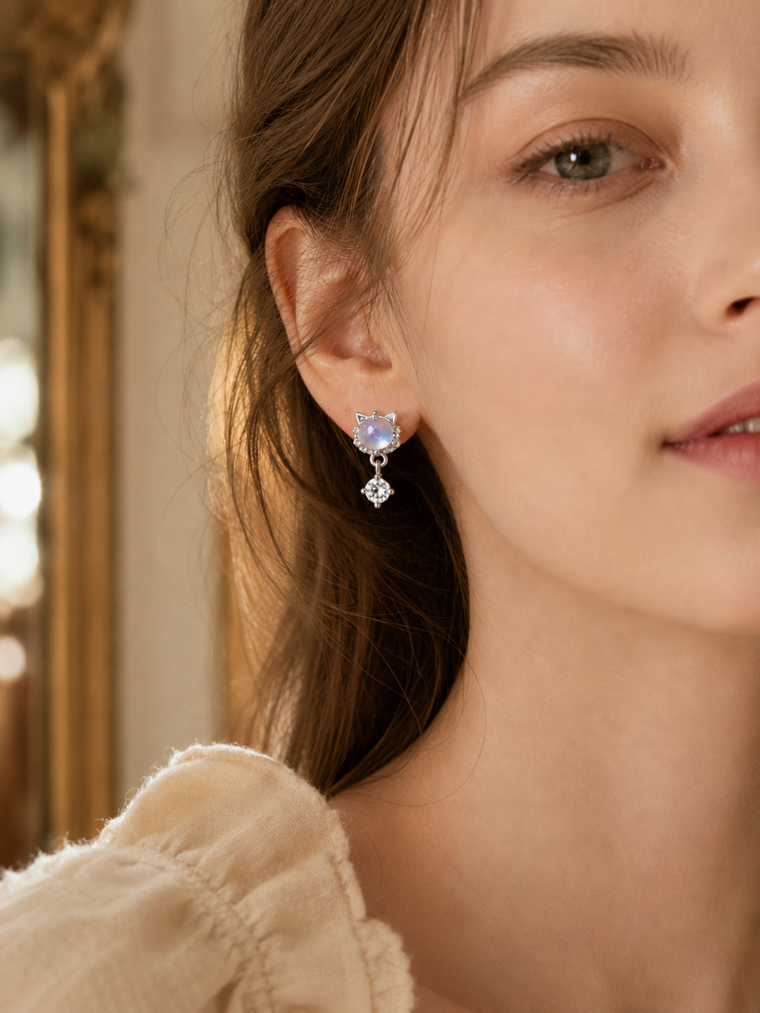 Aquamarine Cat Stud Earrings