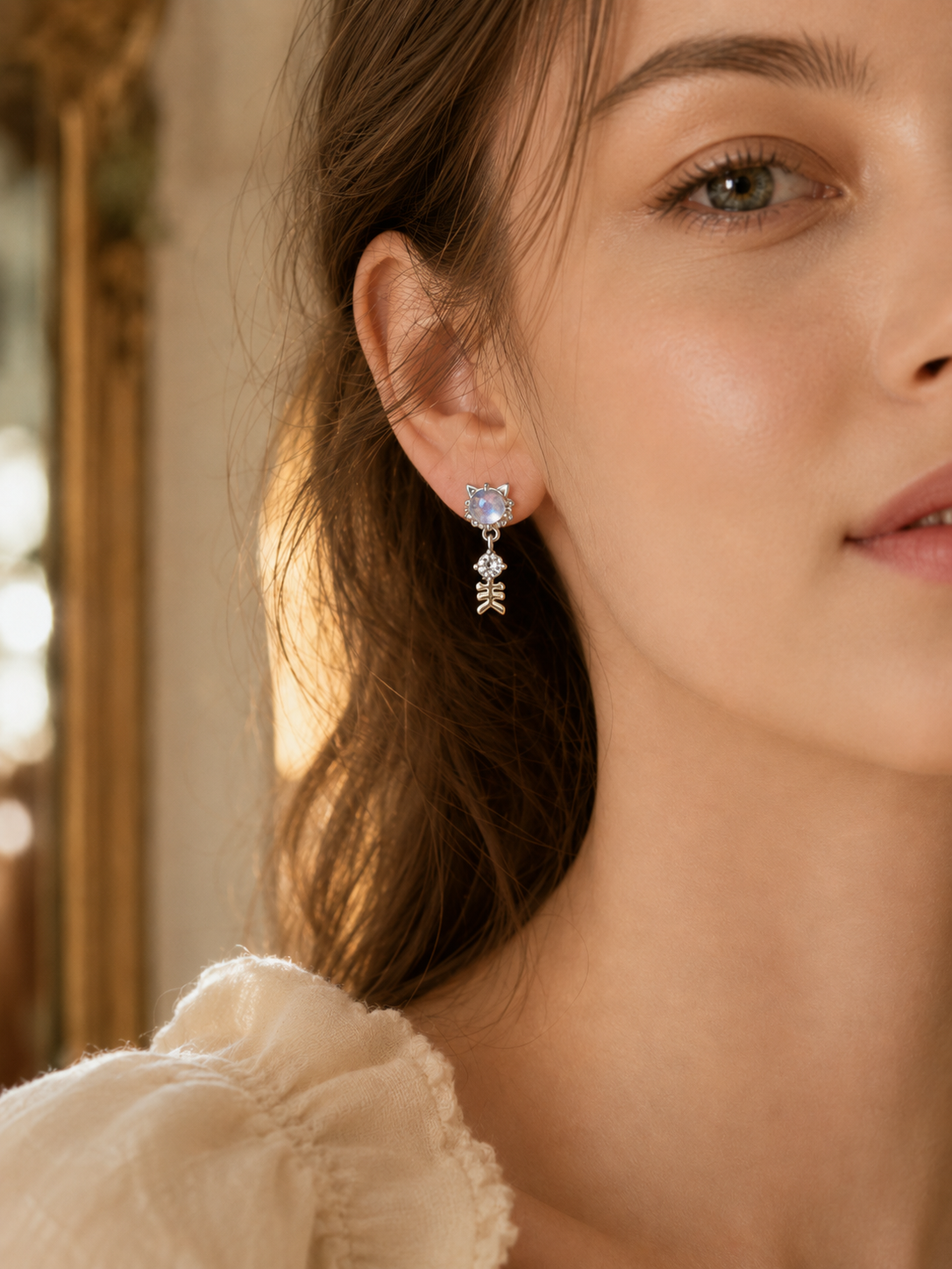 Aquamarine Cat Stud Earrings