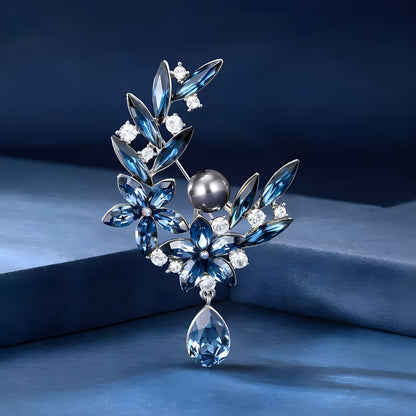 Blue Crystal Floral Brooch